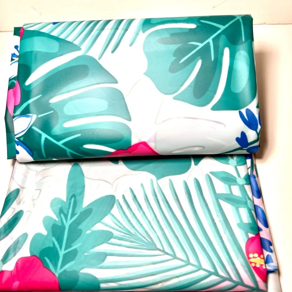 Tropical Fiesta Hibiscus Flowers & Leaves Peva Shower Curtain Pink Green